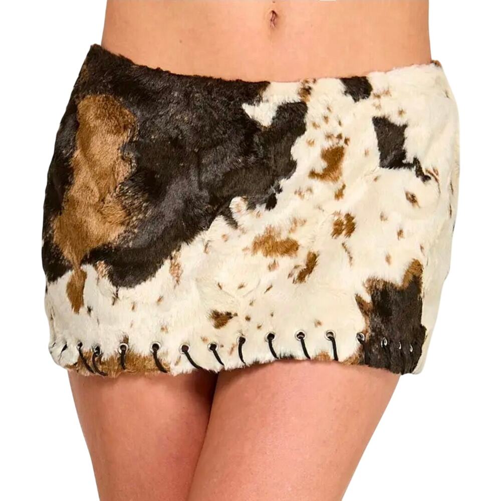 Cow Print Faux Fur Mini Skirt Western Whipstitch Trim Y2K Festival